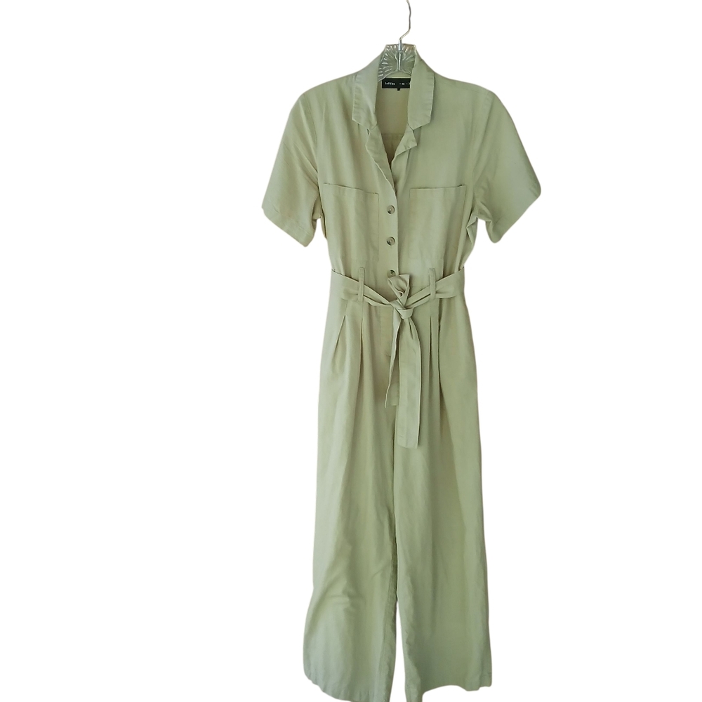 Lefties Olive Green Short Sleeved Belted Cotton & Linen Jumpsuit Medium